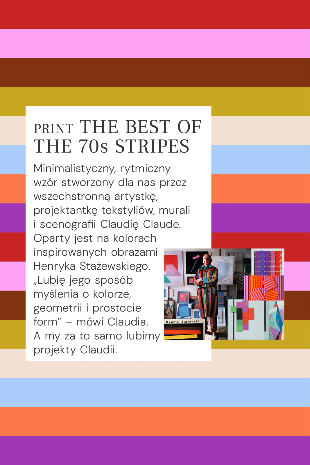 Wzór pasków z lat 70. inspirowany sztuką Henryka Stażewskiego i projektami Claudii Claude