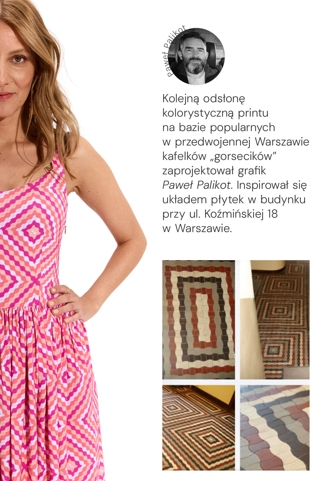 Kobieta w kolorowej sukience z geometrycznym wzorem inspirowanym warszawskimi kafelkami, styl self-care fashion