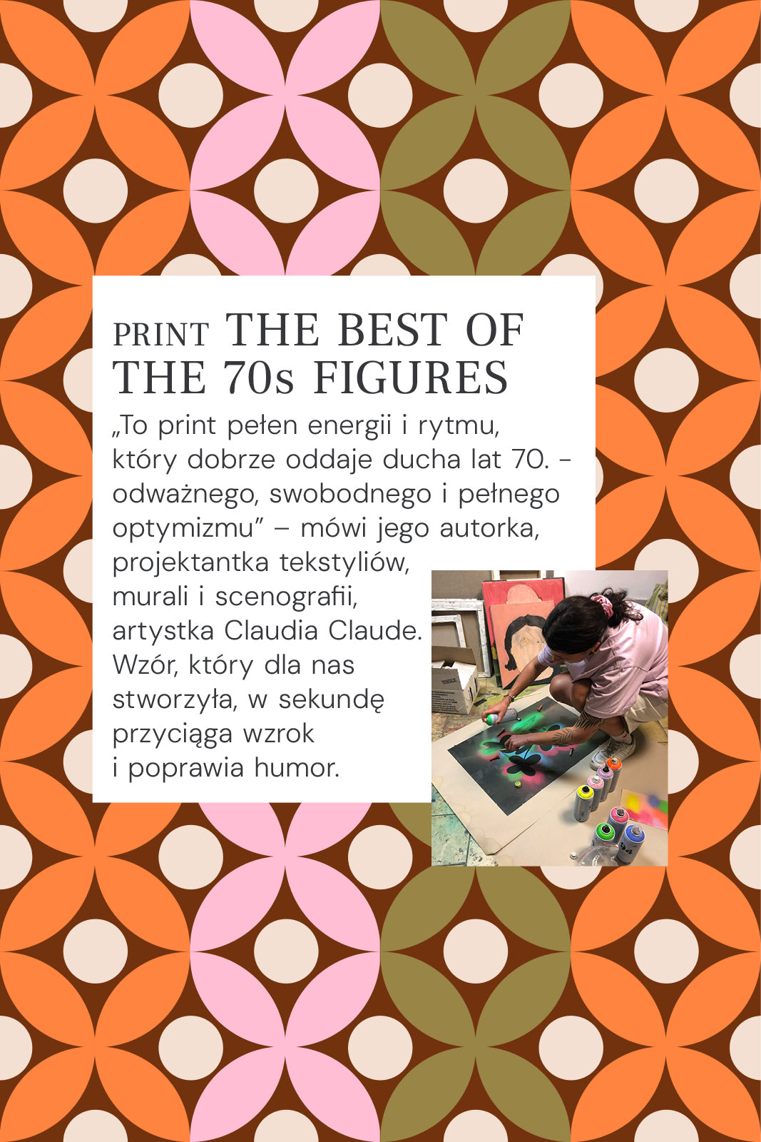 Wzór lat 70. z kolorowymi kwiatami i okręgami, projekt Claudia Claude, idealny na odzież damska
