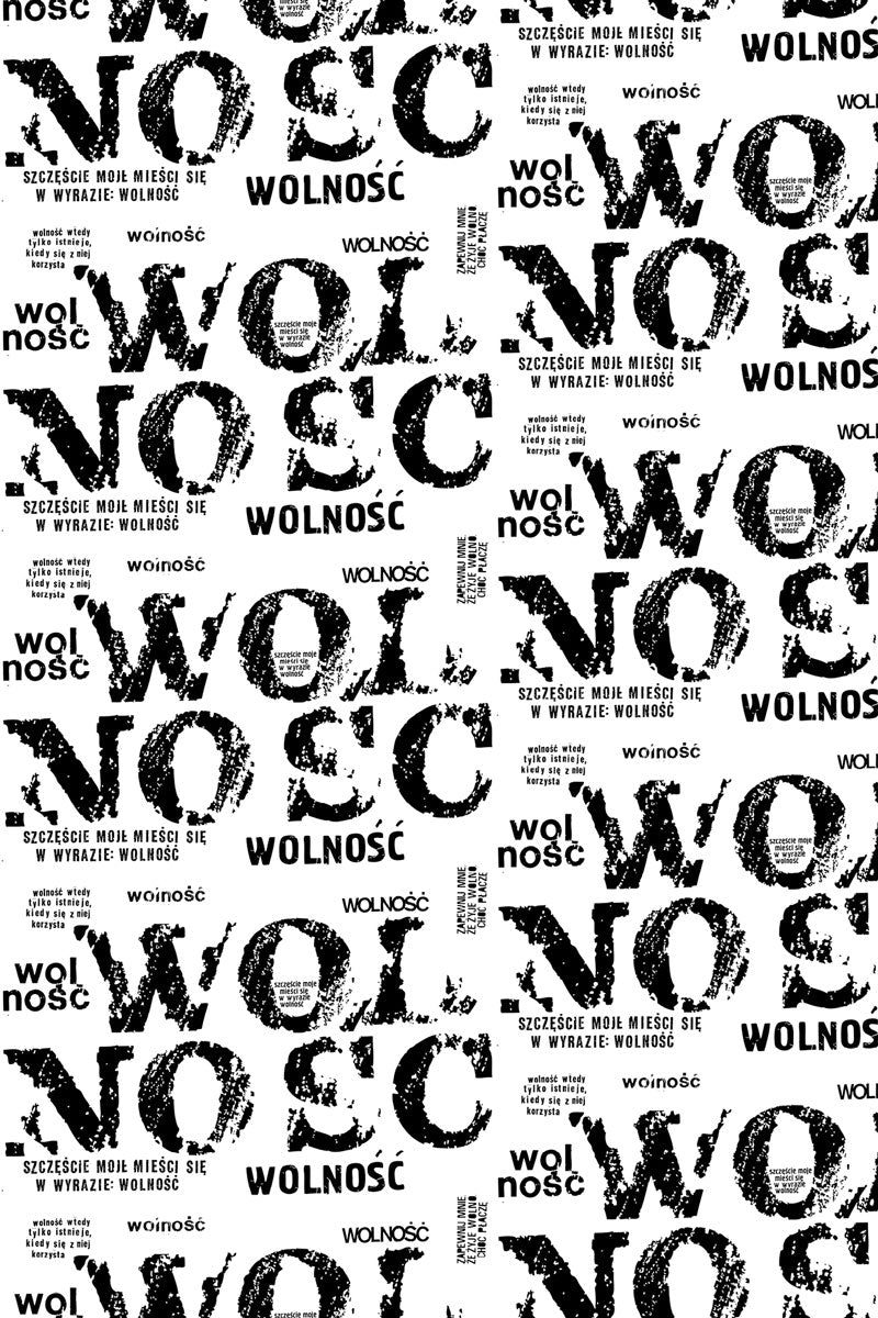 Czarno-biały wzór z napisem 'WOLNOŚĆ' i cytatami o szczęściu i wolności, styl graficzny dla odzieży damska