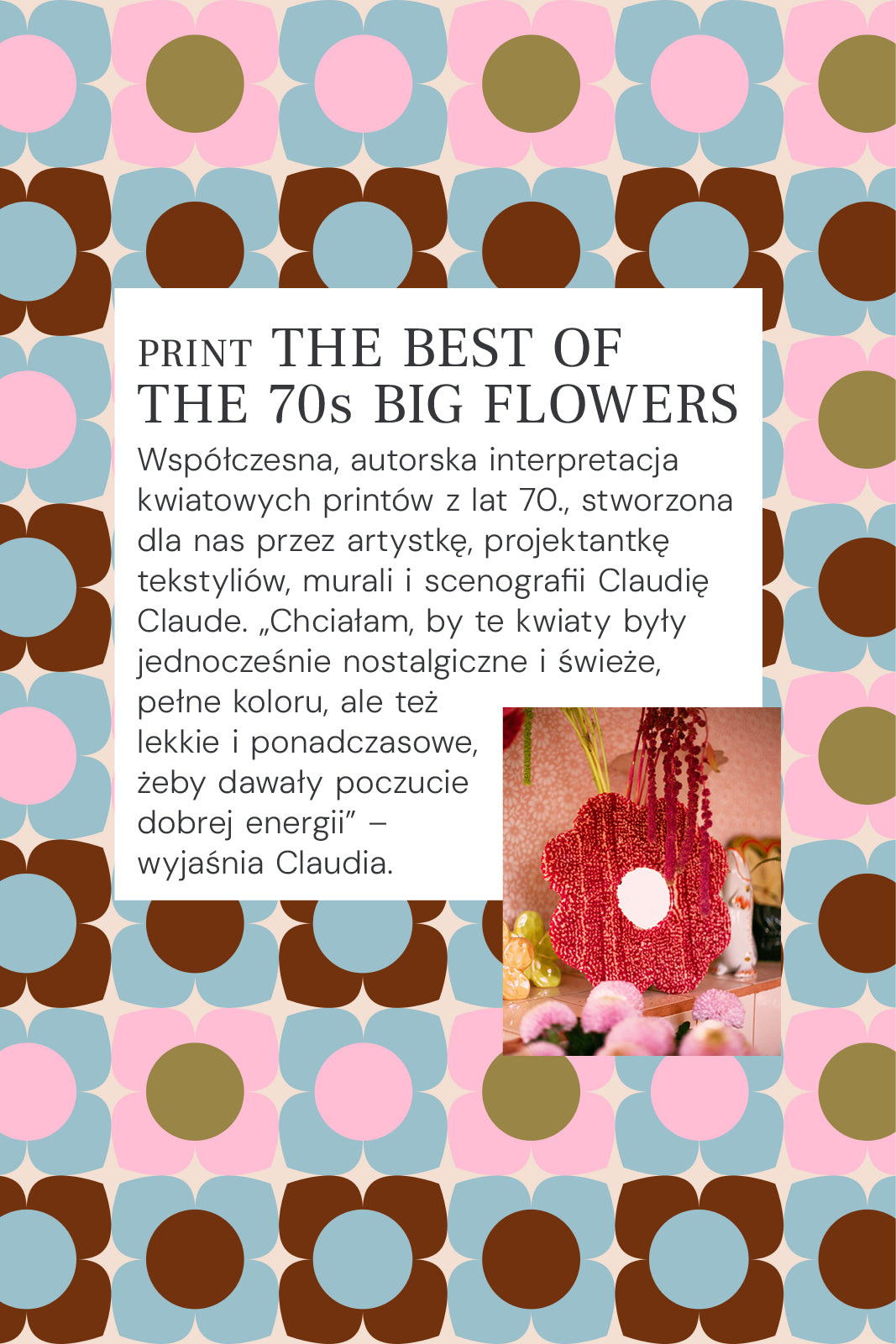 Kwiatowy print lat 70. w stylu retro, kolorowe wzory na tkaninie, inspiracja artystyczna