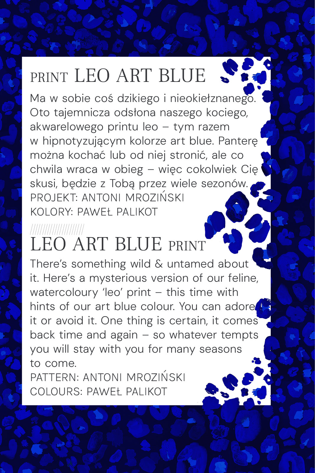 Niebieski, akwarelowy wzór leo art blue – dziki i nieokiełznany, idealny na wiele sezonów