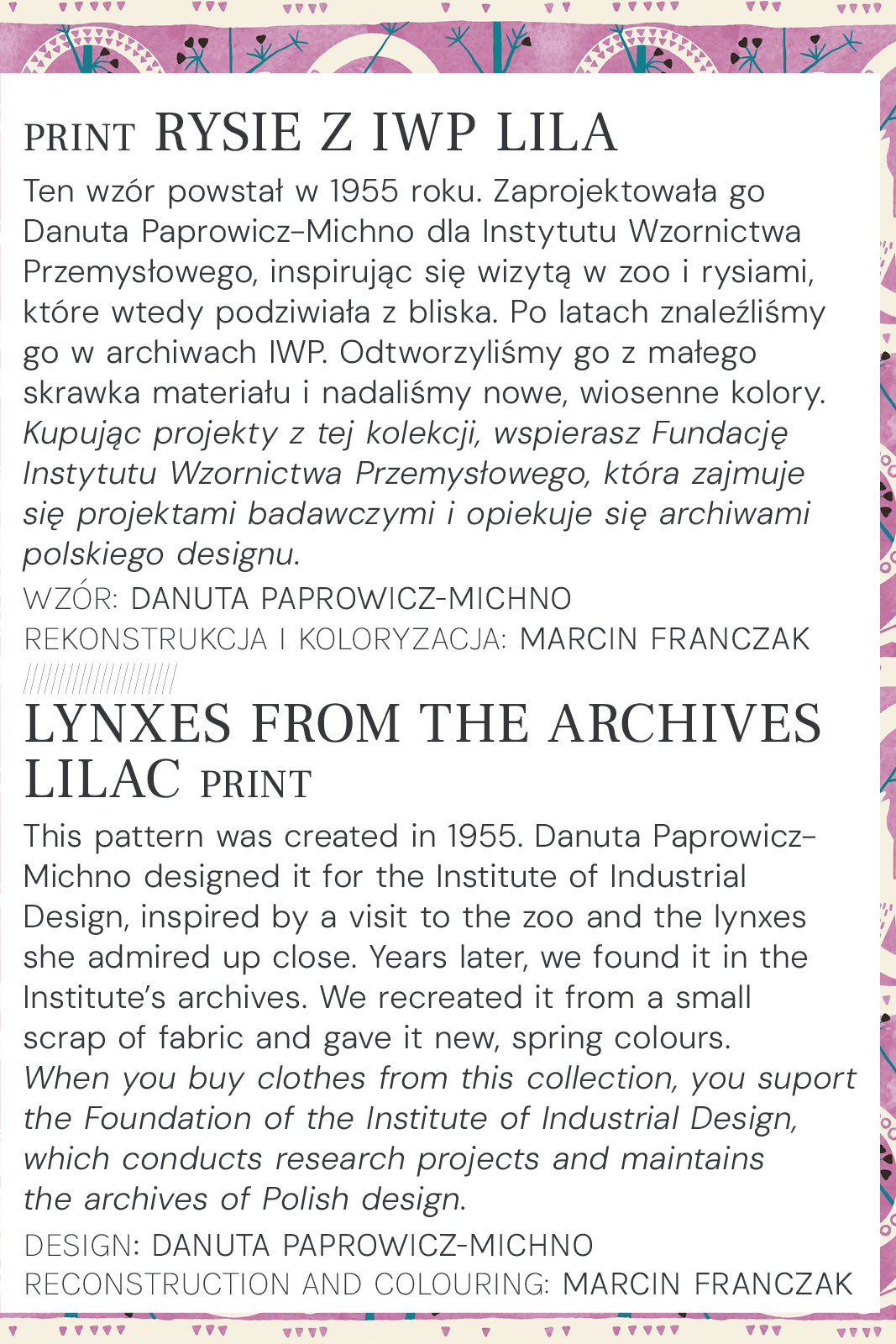 Wzór Rysie z IWP Lila – polski design z 1955, odnowiony w wiosennych kolorach, wspierający archiwa polskiego wzornictwa