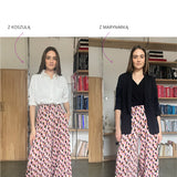 Szerokie spodnie w geometryczny wzór – z koszulą lub marynarką, stylowy look na co dzień