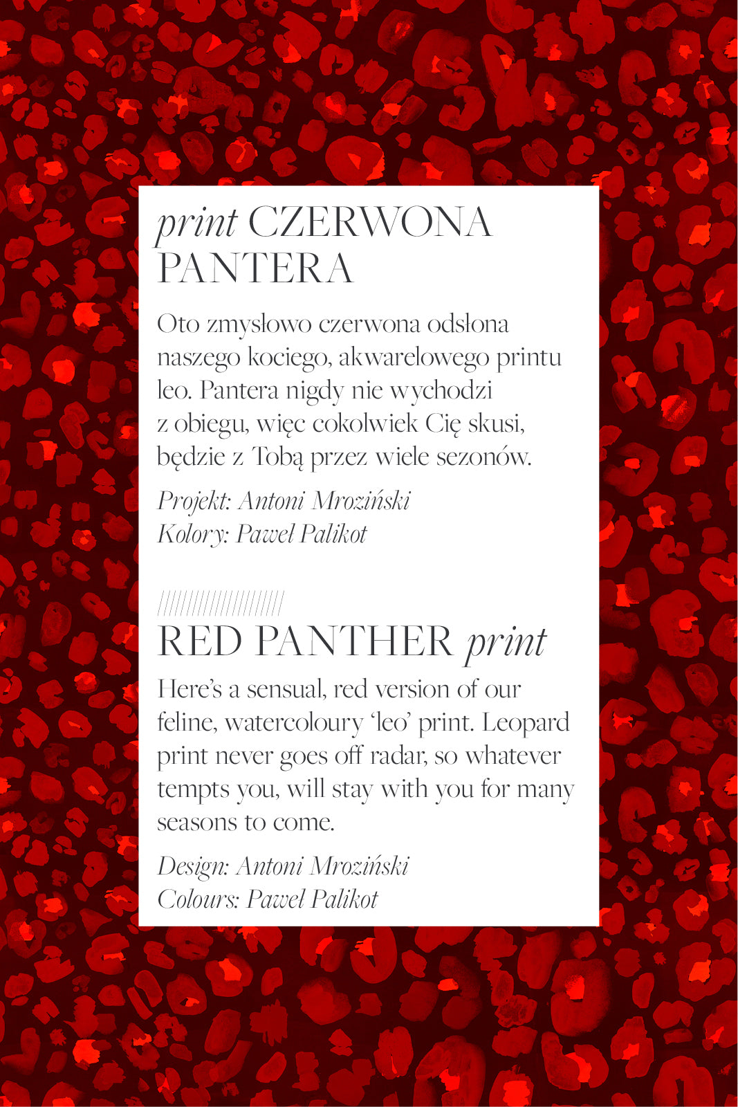 Czerwony print pantera – akwarelowy wzór leoparowy, projekt Antoni Mroziński, kolory Paweł Palikot